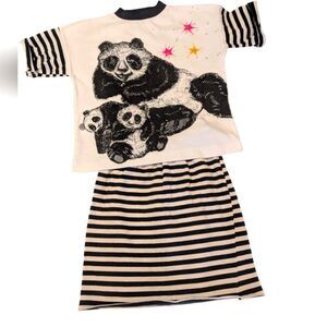 Girls Vintage Black & White Striped Panda Bear Glitter‎ Skirt Set Outfit Sz 7